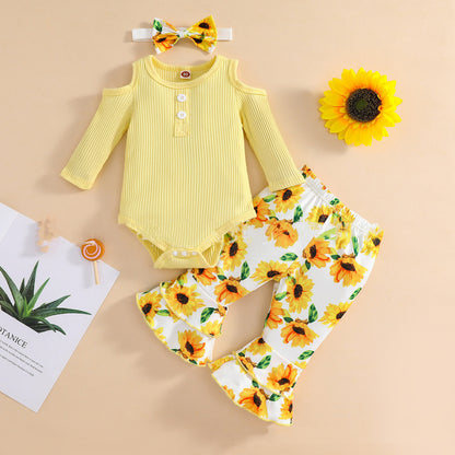 Girls' Sunken Stripe Rompers Jumpsuit Flower Flared Pants Hair Band Three-piece Set