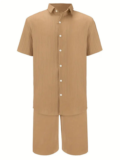 Men's Summer Two-Piece Set Casual Pleated Striped Shirt With Drawstring Shorts, Short Sleeve Workwear Outfit, Lounge Suit